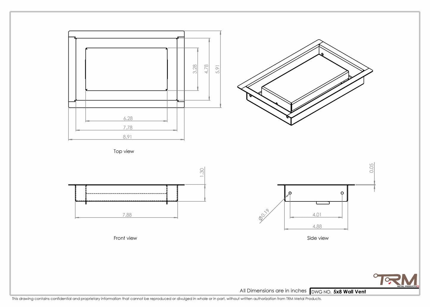 5x8 - Wall Vent - Modern Vent Cover -  Return Air Vent - TRM Metal  8x5