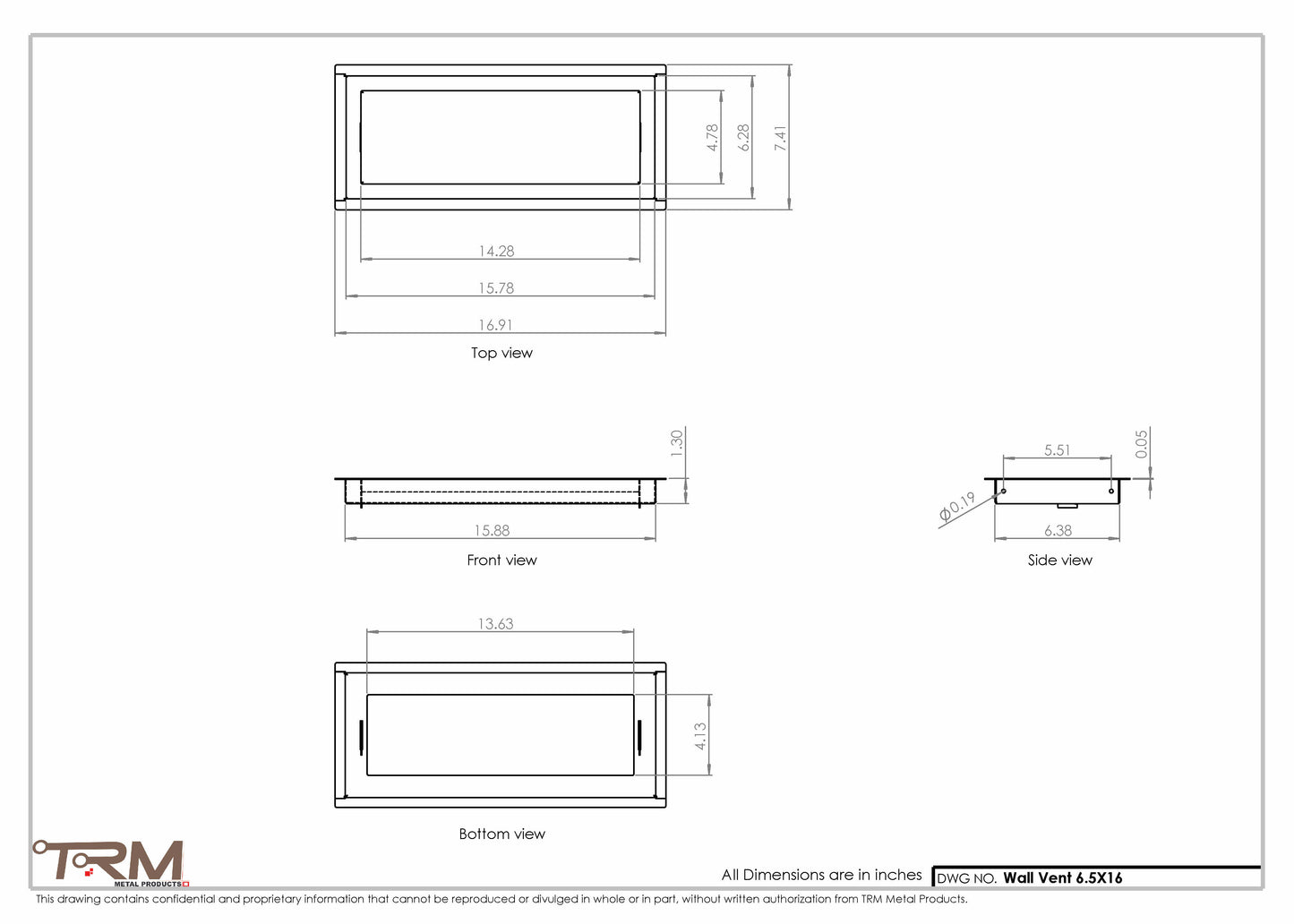 6.5x16 - Wall Vent - Modern Vent Cover -  Return Air Vent - TRM Metal  16x6.5