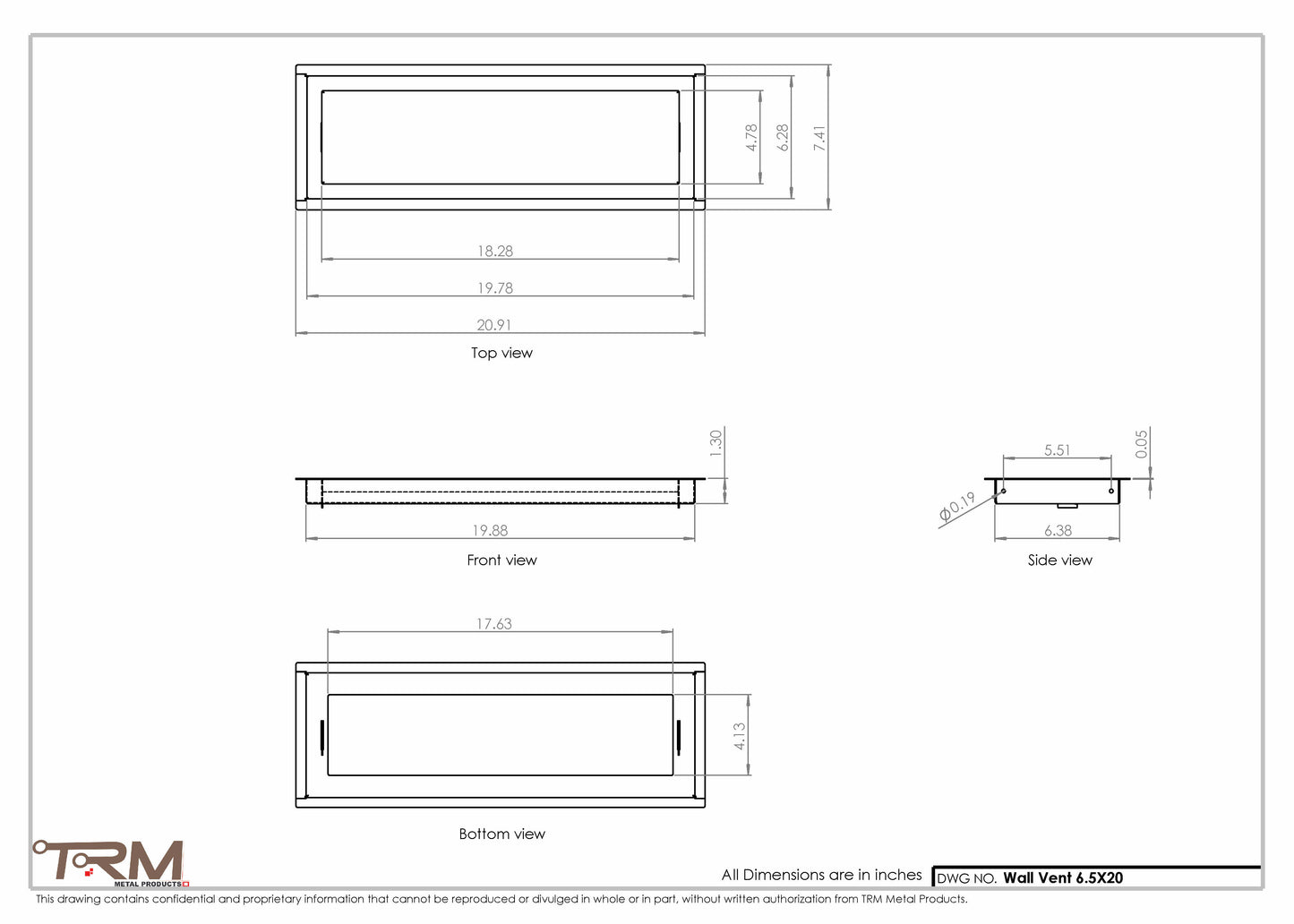 6.5x20 - Wall Vent - Modern Vent Cover -  Return Air Vent - TRM Metal  20x6.5