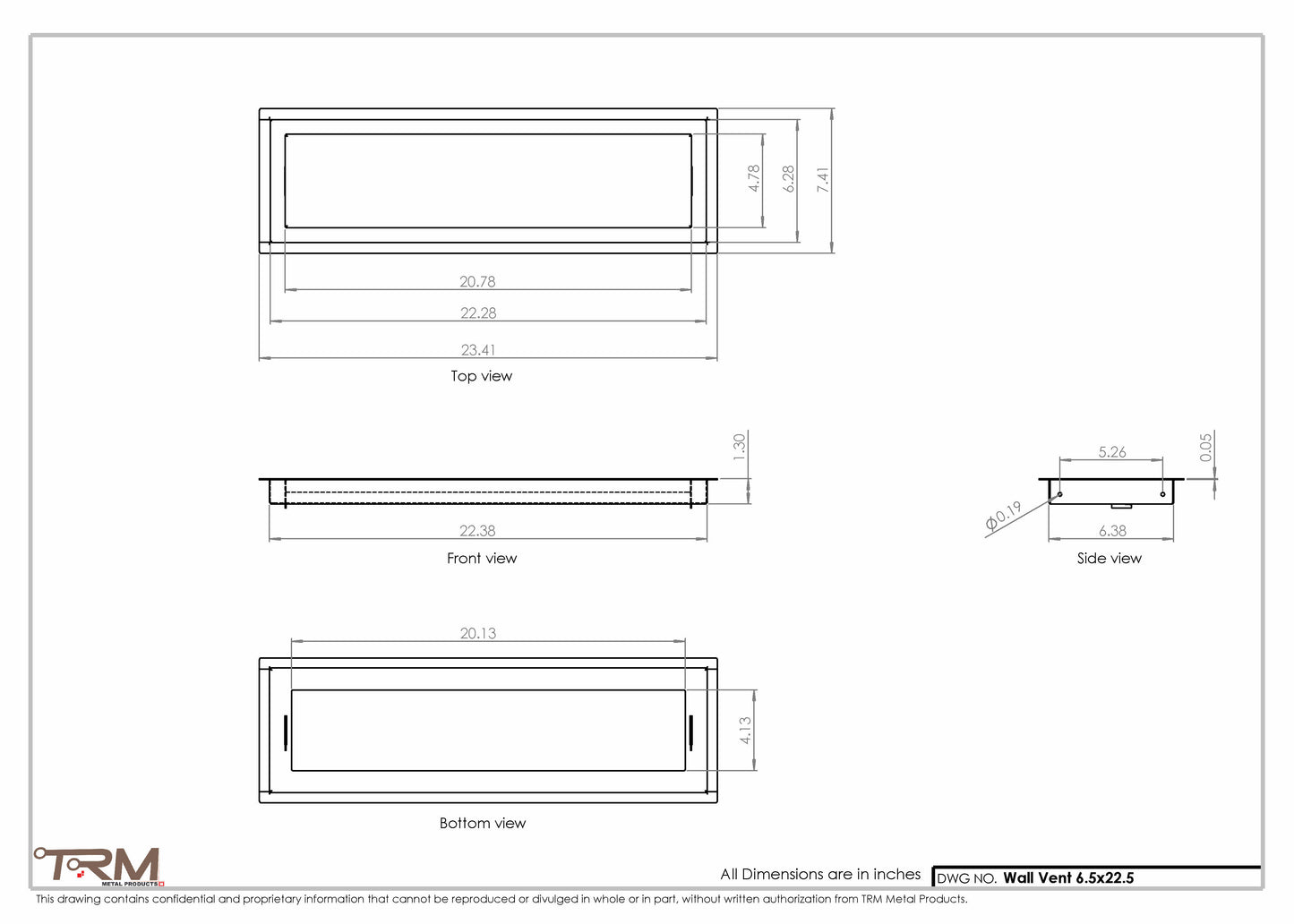 6.5x22.5 - Wall Vent - Modern Vent Cover -  Return Air Vent - TRM Metal  22.5x6.5