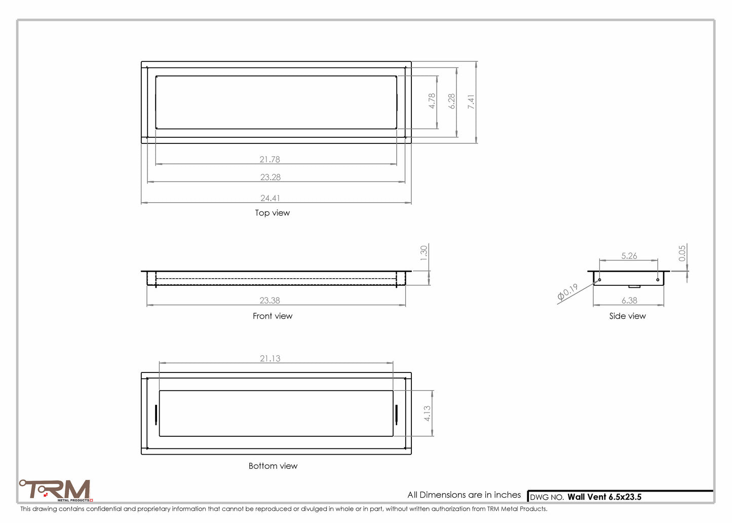 6.5x23.5 - Wall Vent - Modern Vent Cover -  Return Air Vent - TRM Metal  23.5x6.5