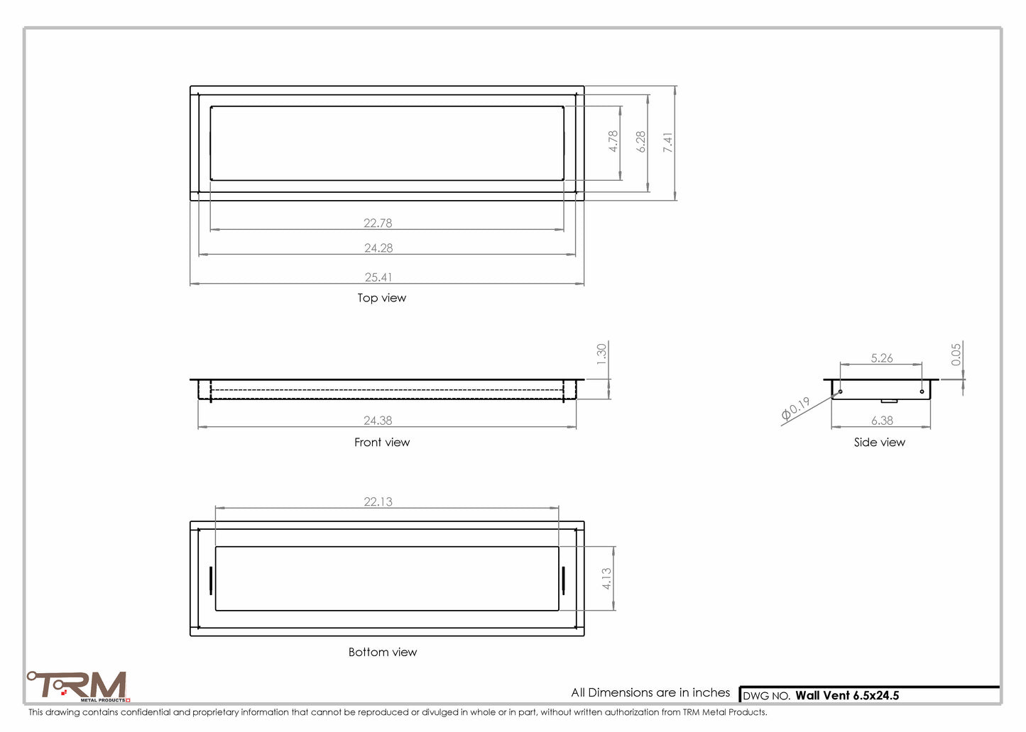6.5x24.5 - Wall Vent - Modern Vent Cover -  Return Air Vent - TRM Metal  24.5x6.5