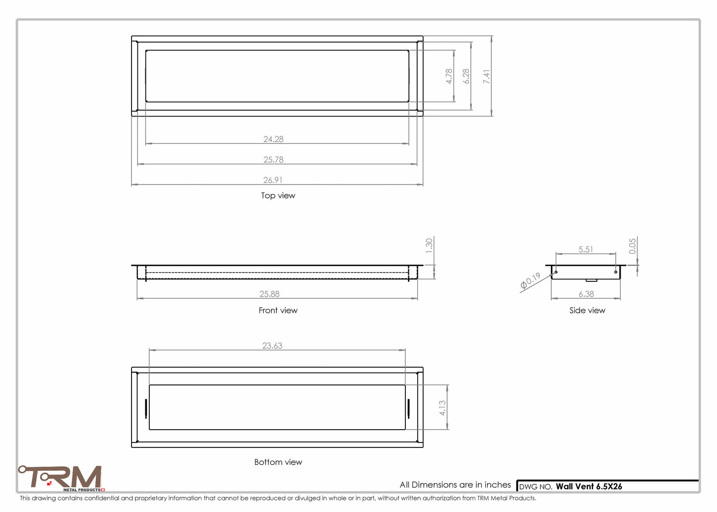 6.5x26 - Wall Vent - Modern Vent Cover -  Return Air Vent - TRM Metal  26x6.5