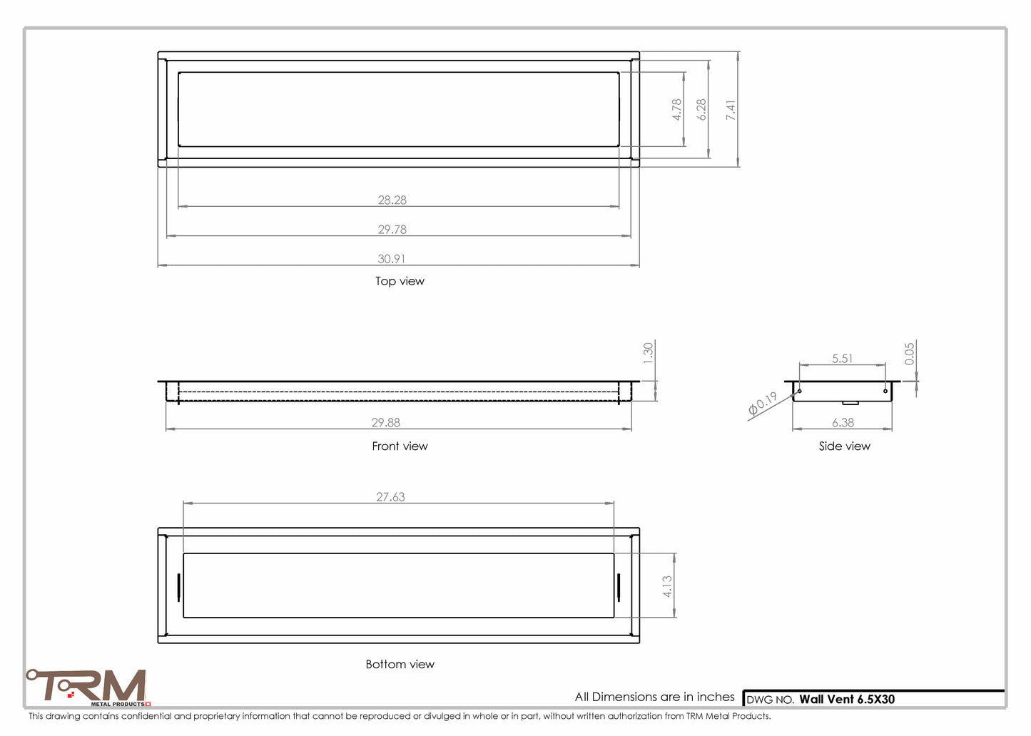 6.5x30 - Wall Vent - Modern Vent Cover -  Return Air Vent - TRM Metal  30x6.5