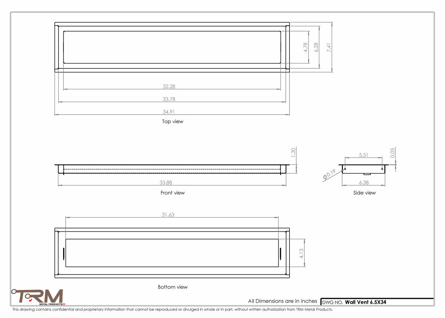 6.5x34 - Wall Vent - Modern Vent Cover -  Return Air Vent - TRM Metal  34x6.5