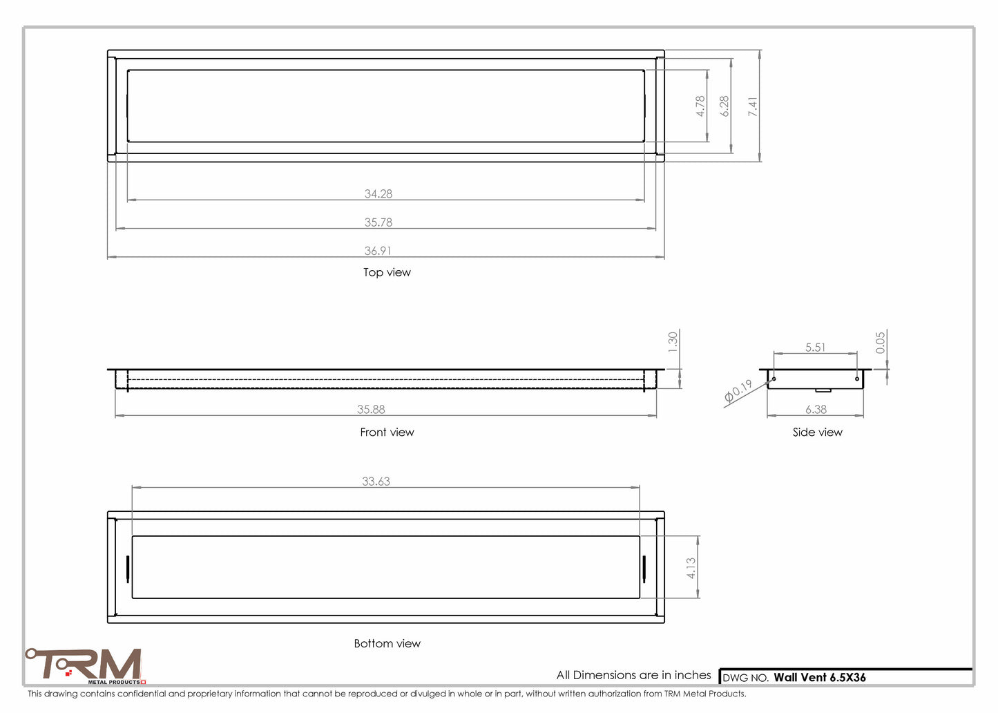 6.5x36 - Wall Vent - Modern Vent Cover -  Return Air Vent - TRM Metal  36x6.5