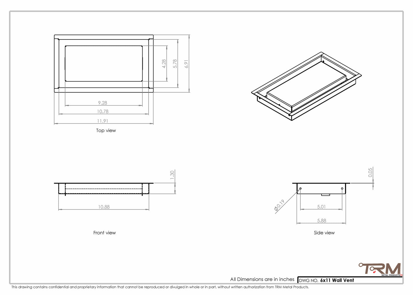 6x11 - Wall Vent - Modern Vent Cover -  Return Air Vent - TRM Metal  11x6