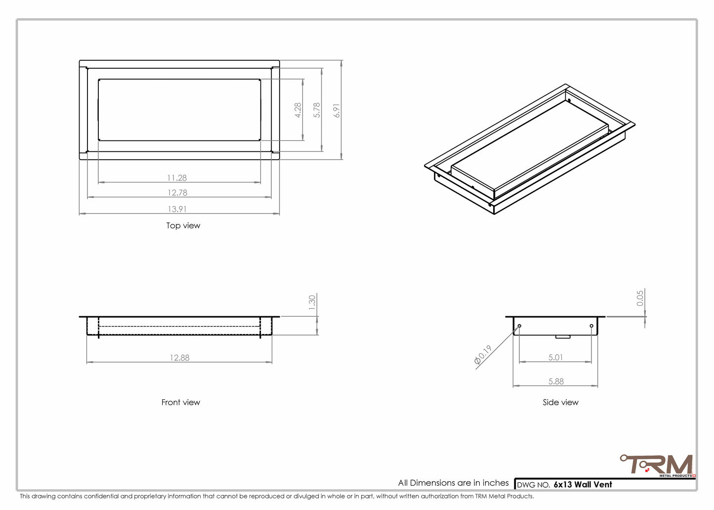 6x13 - Wall Vent - Modern Vent Cover -  Return Air Vent - TRM Metal  13x6