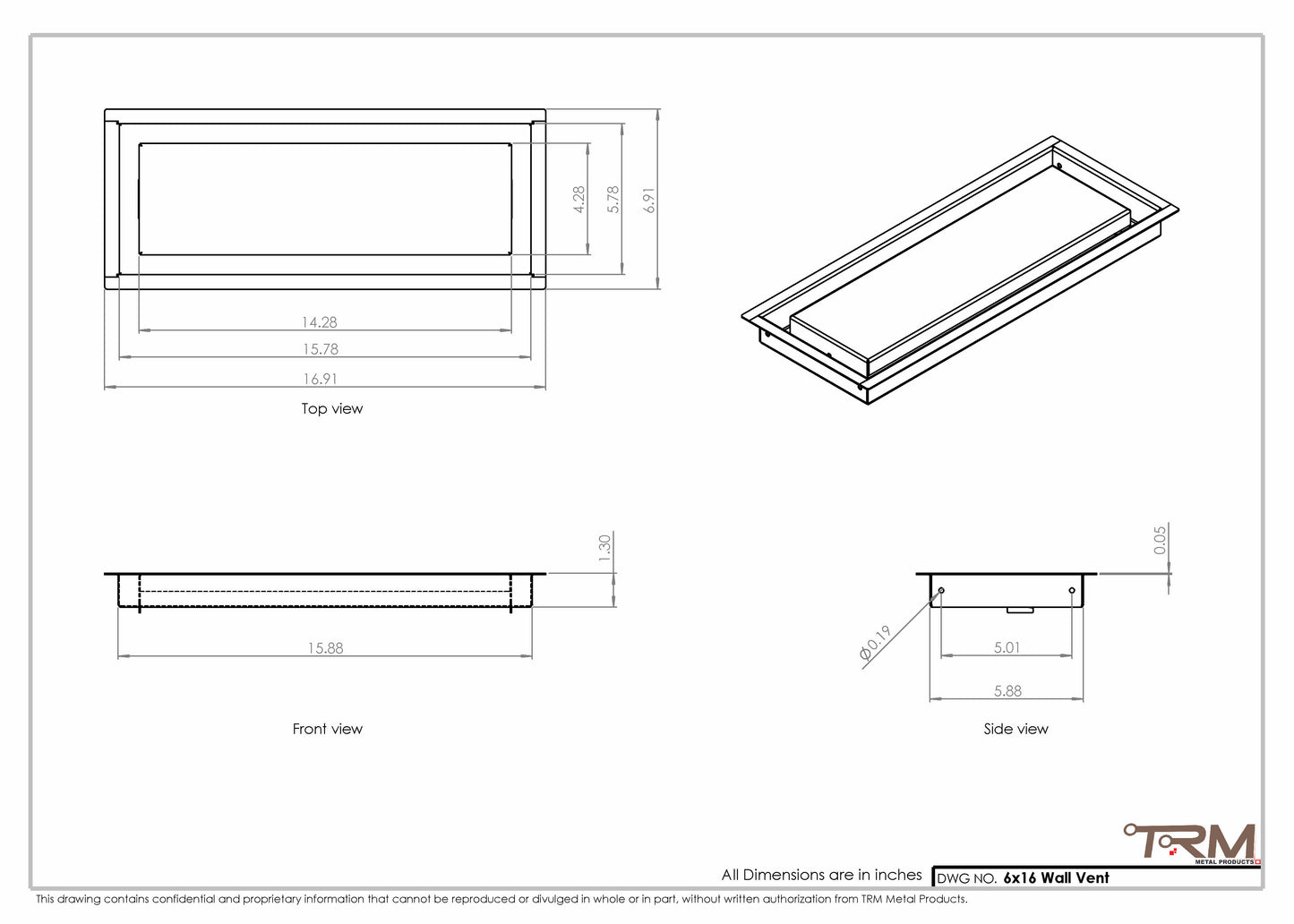 6x16 - Wall Vent - Modern Vent Cover -  Return Air Vent - TRM Metal  16x6