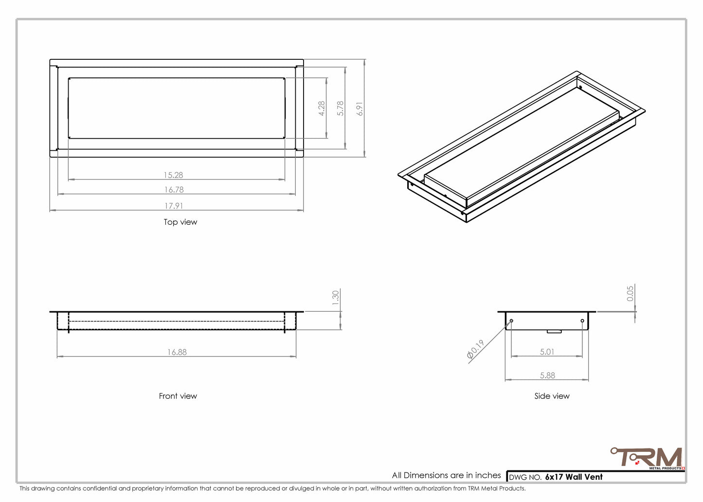 6x17 - Wall Vent - Modern Vent Cover -  Return Air Vent - TRM Metal  17x6