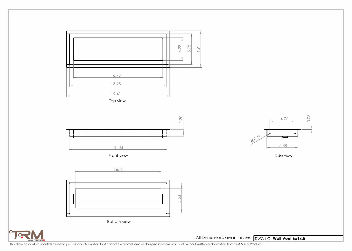 6x18.5 - Wall Vent - Modern Vent Cover -  Return Air Vent - TRM Metal  18.5x6