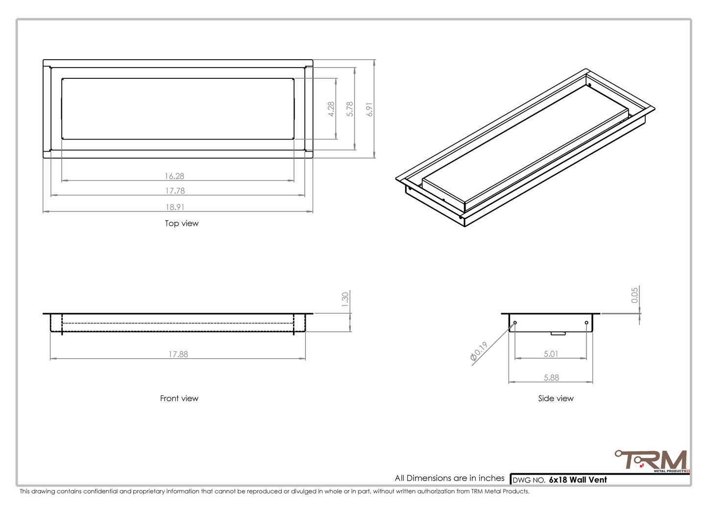 6x18 - Wall Vent - Modern Vent Cover -  Return Air Vent - TRM Metal  18x6