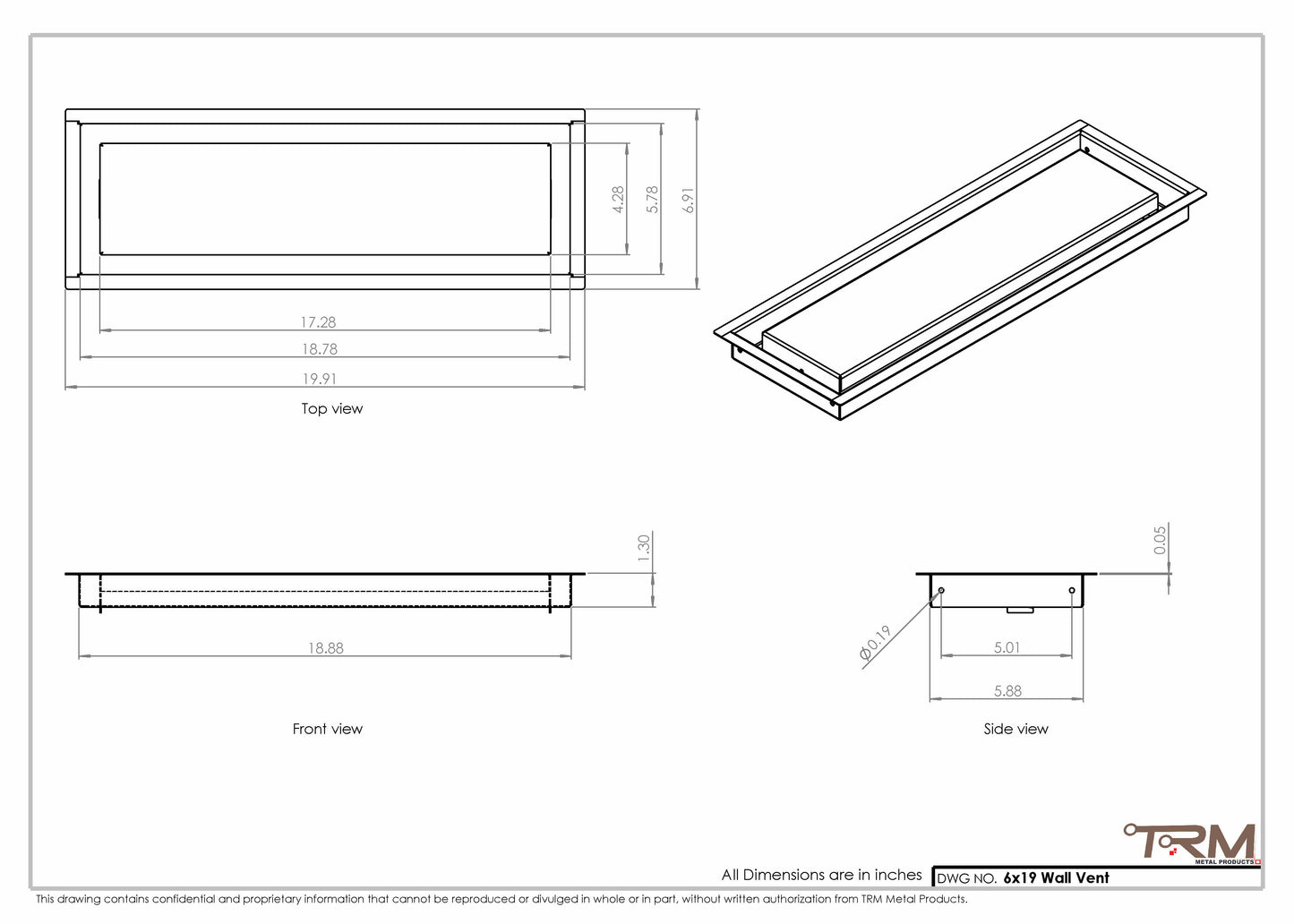 6x19 - Wall Vent - Modern Vent Cover -  Return Air Vent - TRM Metal  19x6