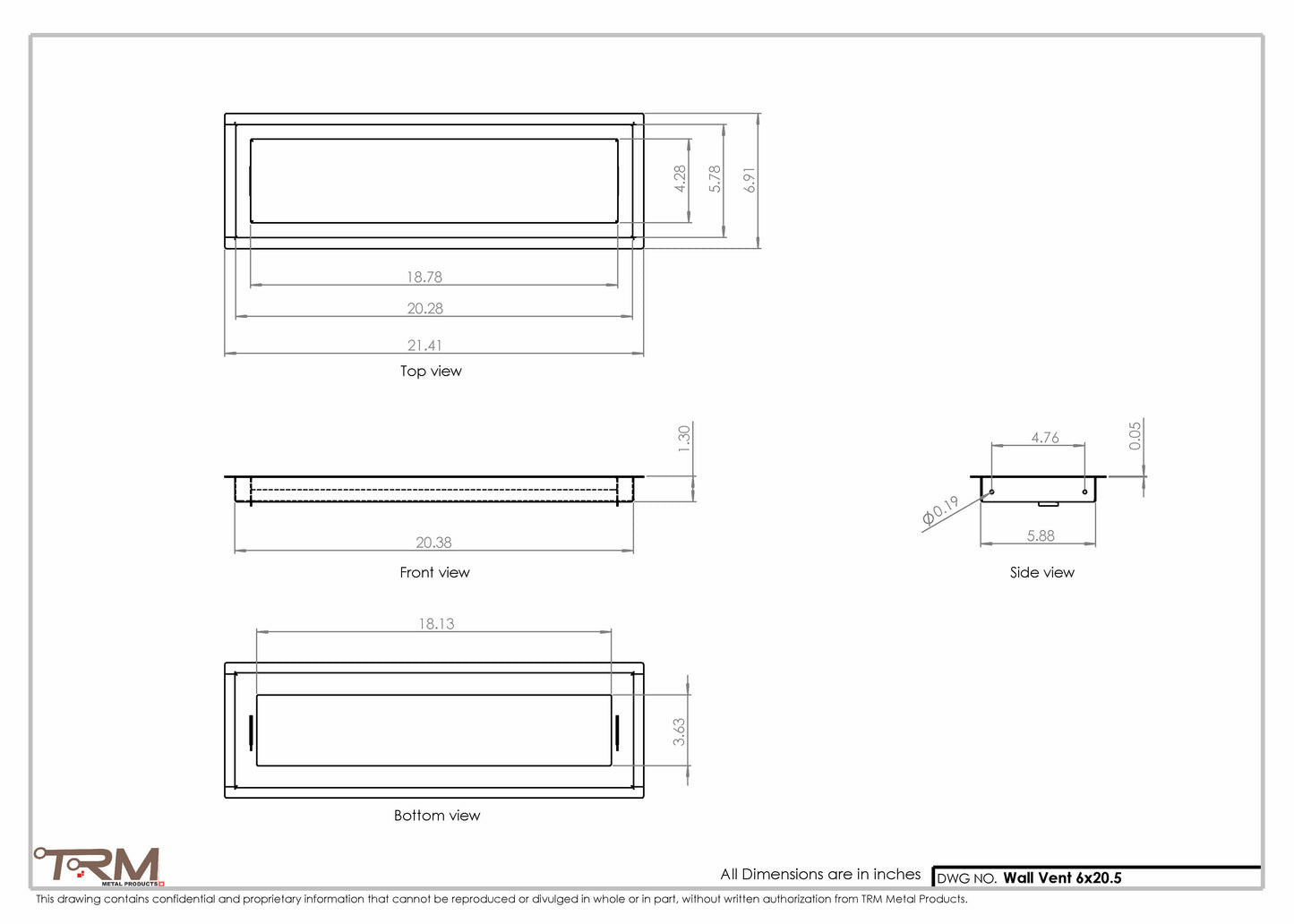 6x20.5 - Wall Vent - Modern Vent Cover -  Return Air Vent - TRM Metal  20.5x6