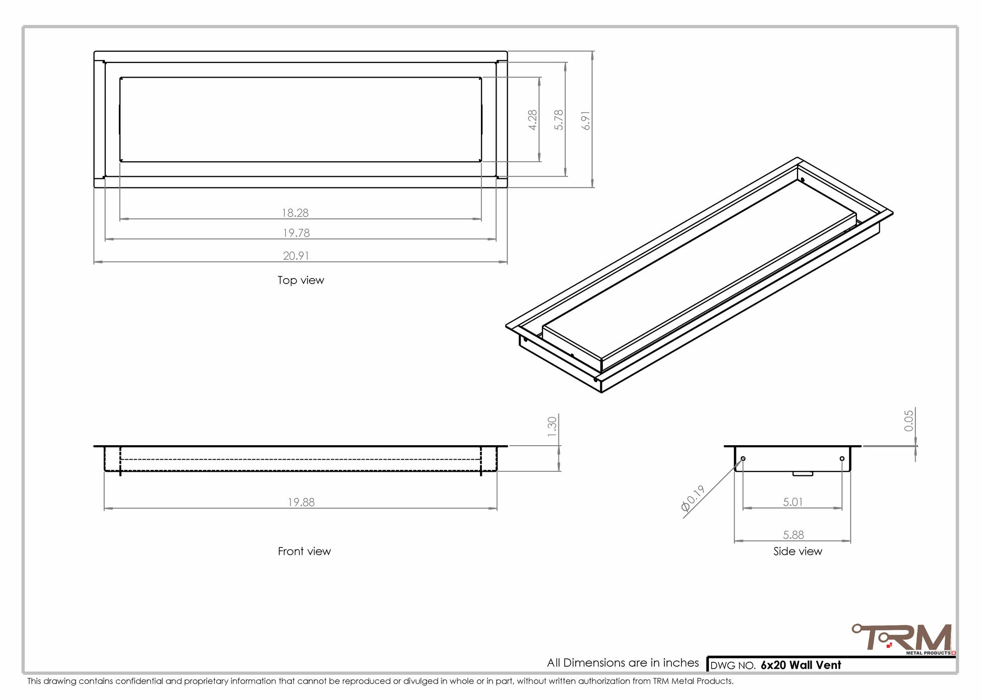 6x20 - Wall Vent - Modern Vent Cover -  Return Air Vent - TRM Metal  20x6