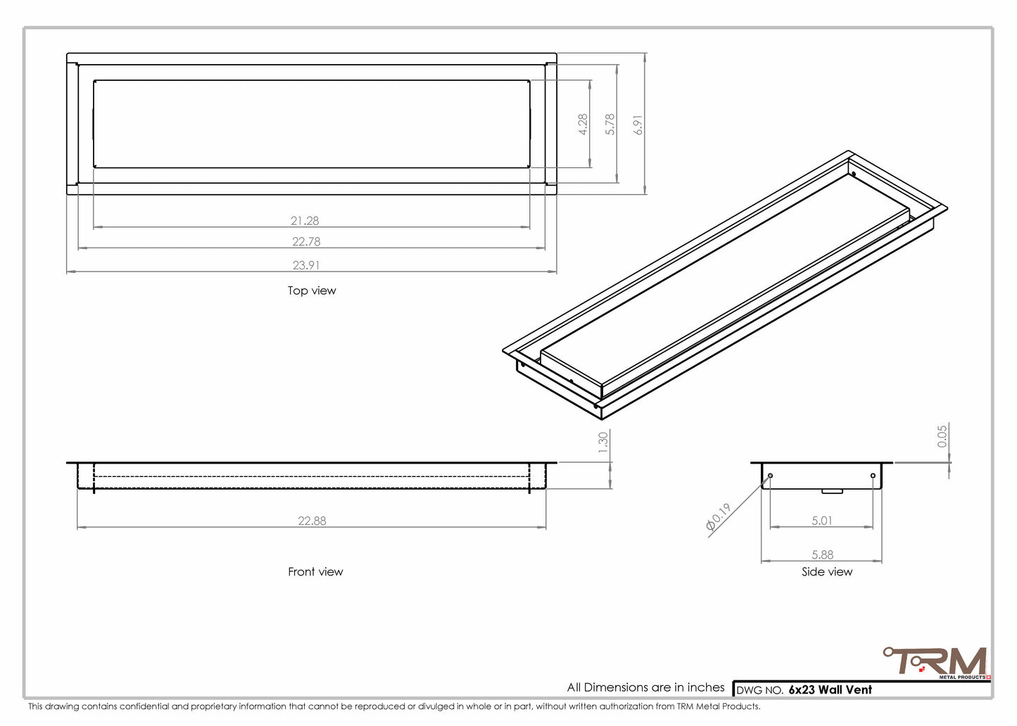 6x23 - Wall Vent - Modern Vent Cover -  Return Air Vent - TRM Metal  23x6
