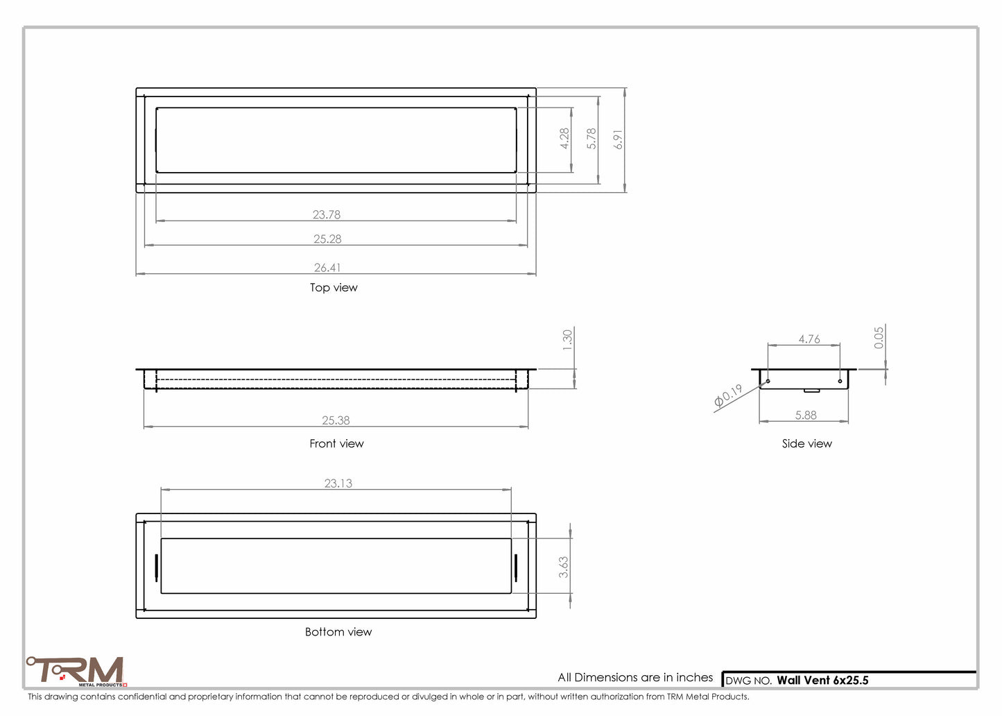 6x25.5 - Wall Vent - Modern Vent Cover -  Return Air Vent - TRM Metal  25.5x6
