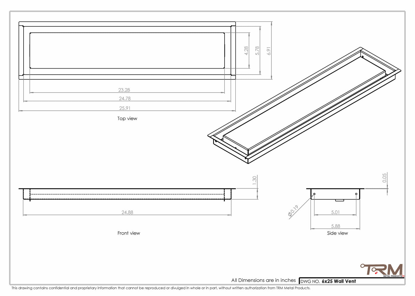 6x25 - Wall Vent - Modern Vent Cover -  Return Air Vent - TRM Metal  25x6