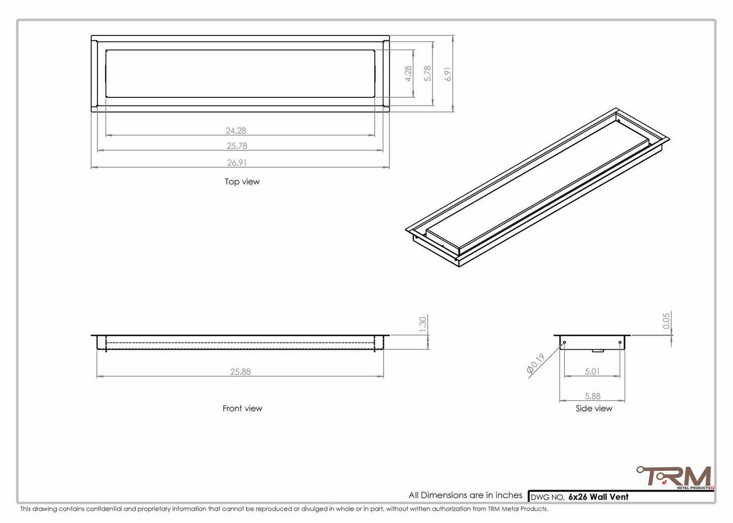 6x26 - Wall Vent - Modern Vent Cover -  Return Air Vent - TRM Metal  26x6