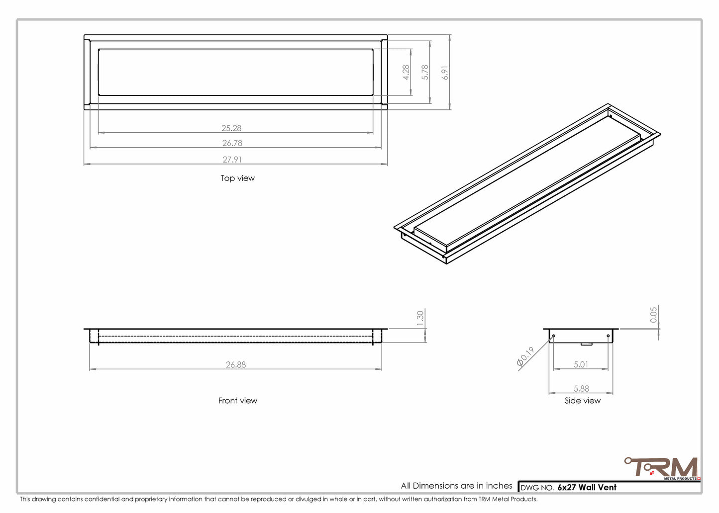 6x27 - Wall Vent - Modern Vent Cover -  Return Air Vent - TRM Metal  27x6