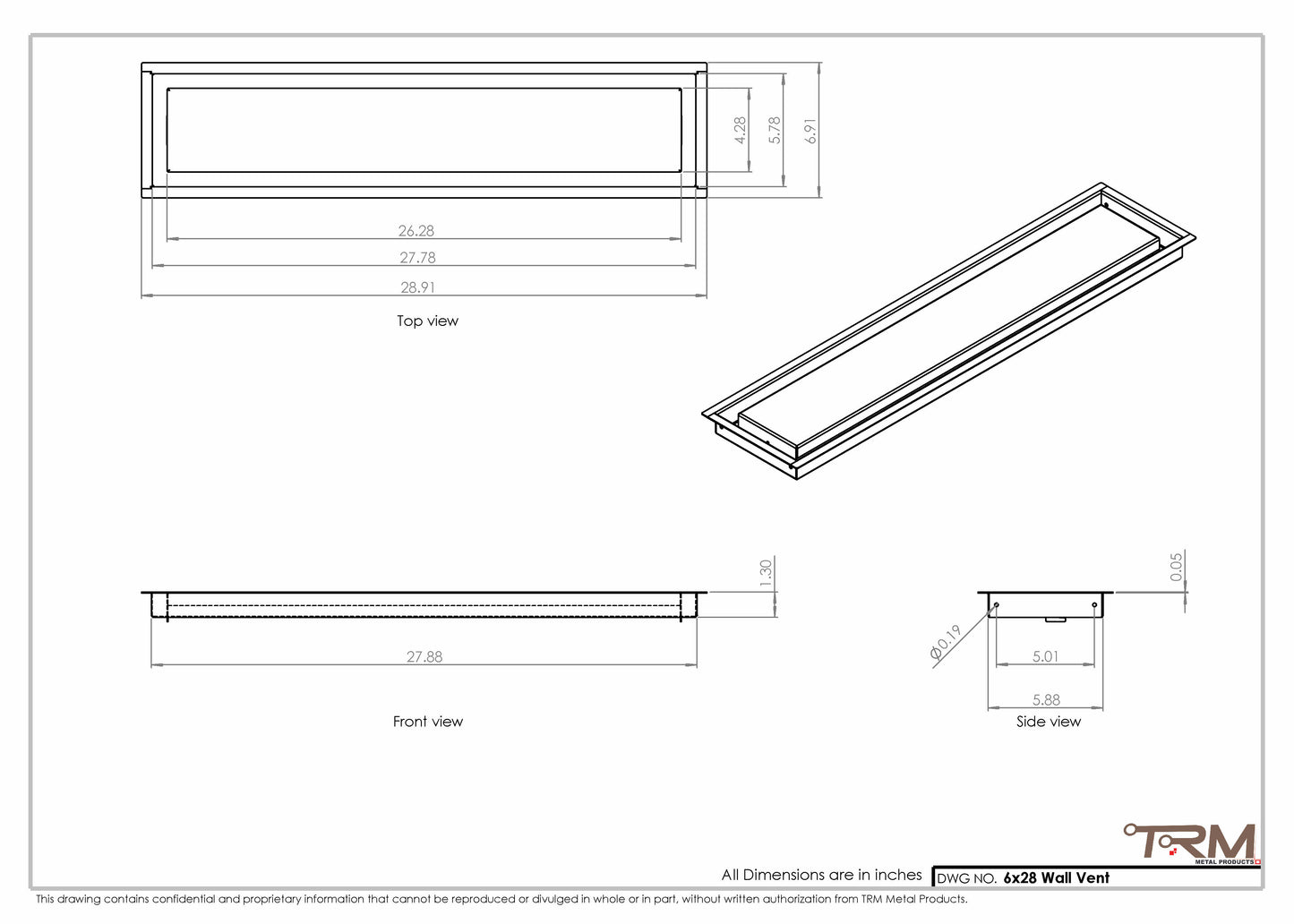6x28 - Wall Vent - Modern Vent Cover -  Return Air Vent - TRM Metal  28x6