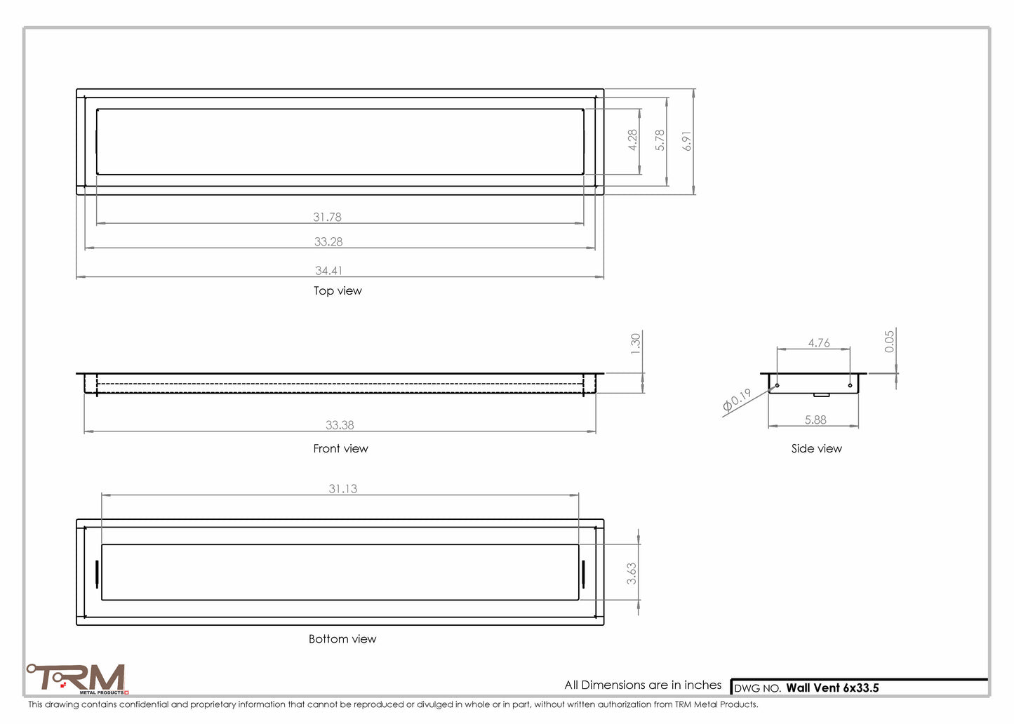 6x33.5 - Wall Vent - Modern Vent Cover -  Return Air Vent - TRM Metal  33.5x6