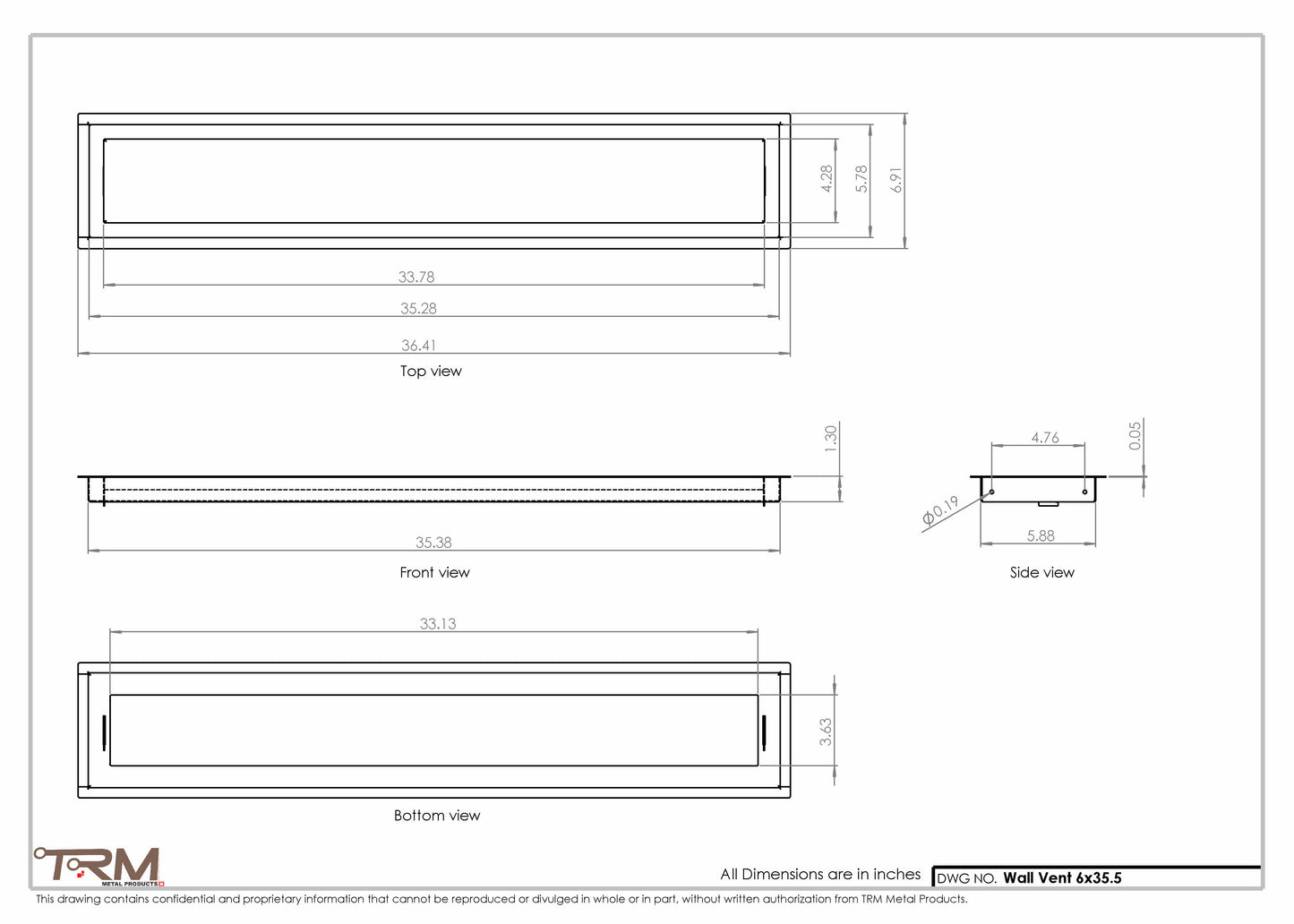 6x35.5 - Wall Vent - Modern Vent Cover -  Return Air Vent - TRM Metal  35.5x6