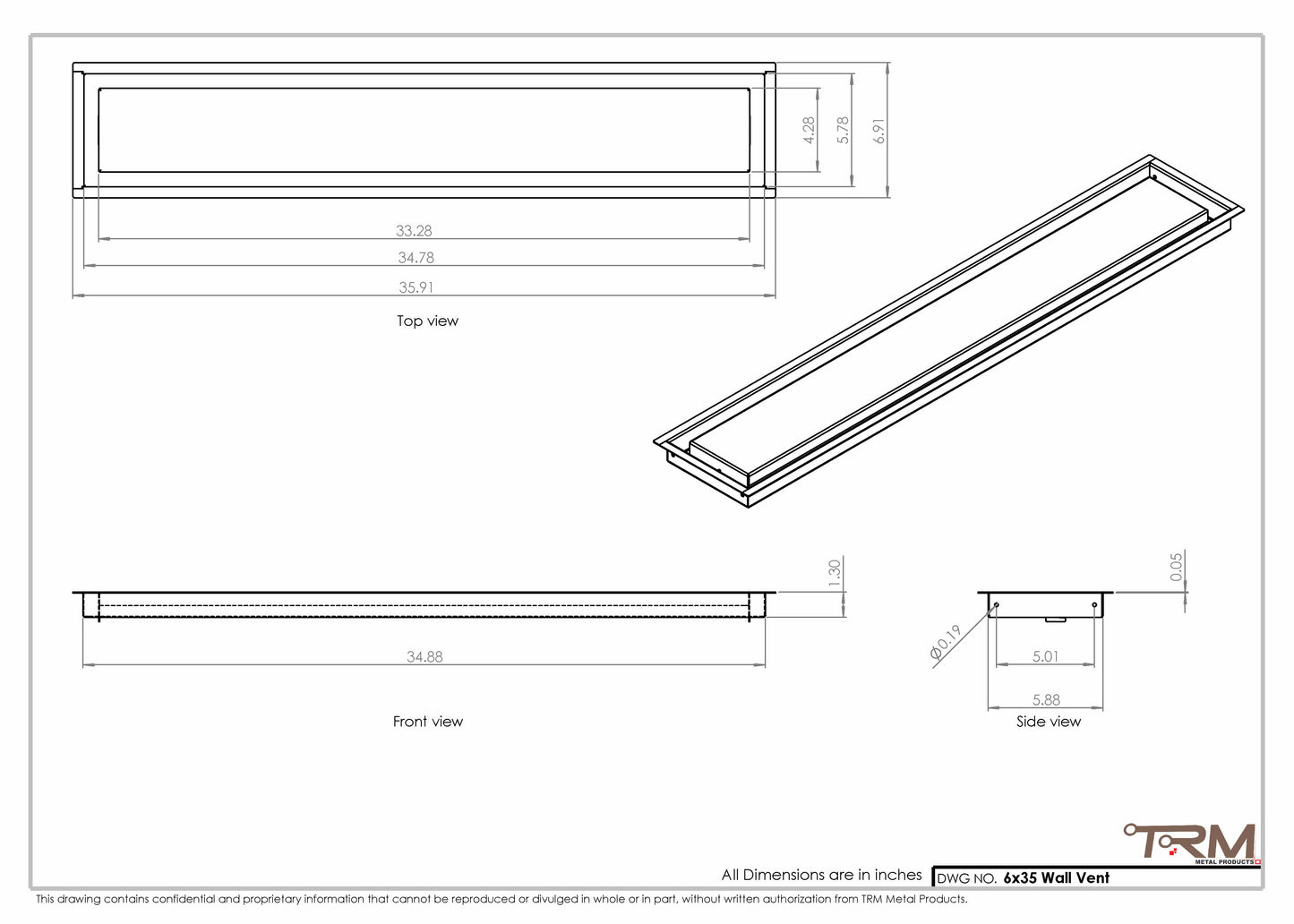 6x35 - Wall Vent - Modern Vent Cover -  Return Air Vent - TRM Metal  35x6