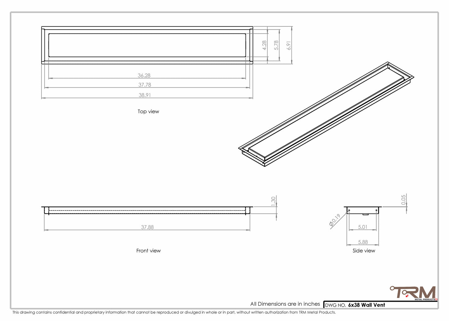 6x38 - Wall Vent - Modern Vent Cover -  Return Air Vent - TRM Metal  38x6