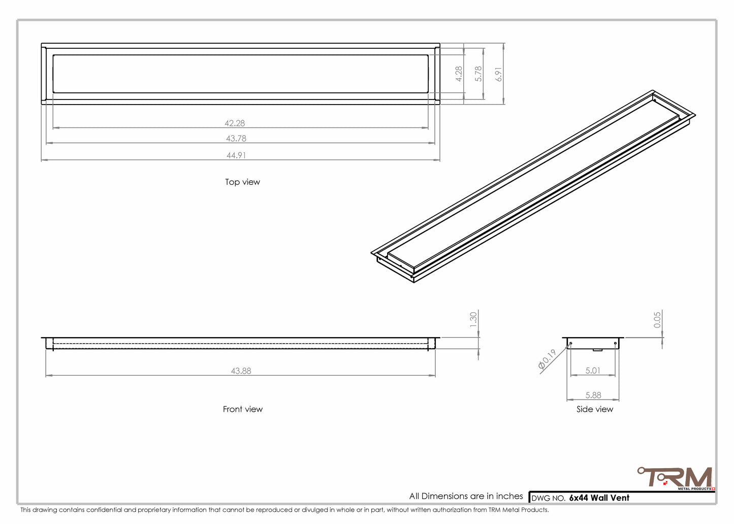 6x44 - Wall Vent - Modern Vent Cover -  Return Air Vent - TRM Metal  44x6