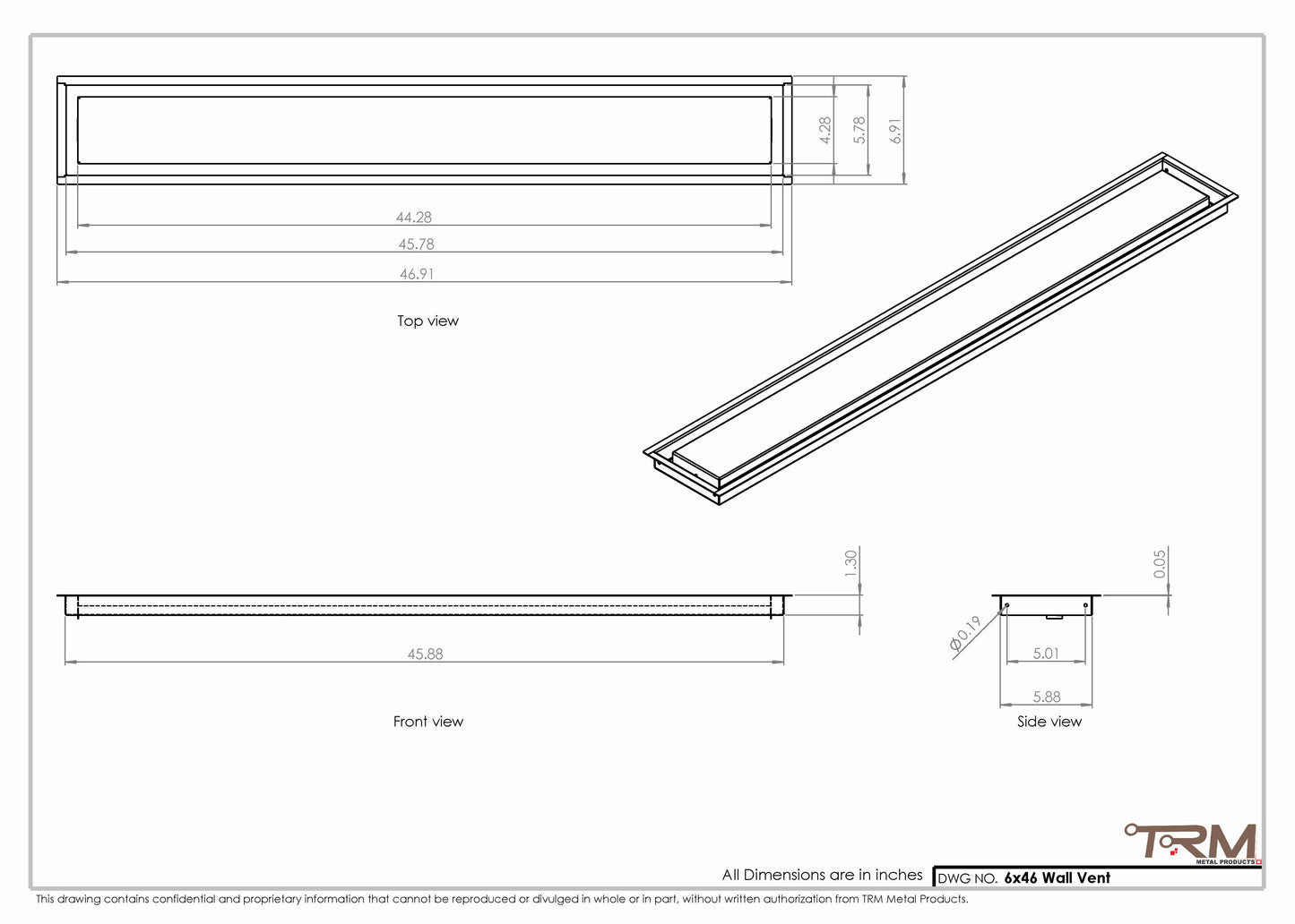 6x46 - Wall Vent - Modern Vent Cover -  Return Air Vent - TRM Metal  46x6