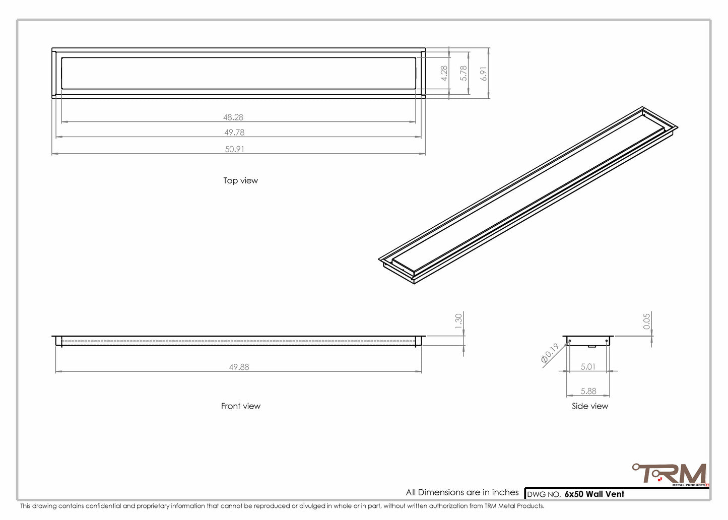 6x50 - Wall Vent - Modern Vent Cover -  Return Air Vent - TRM Metal  50x6