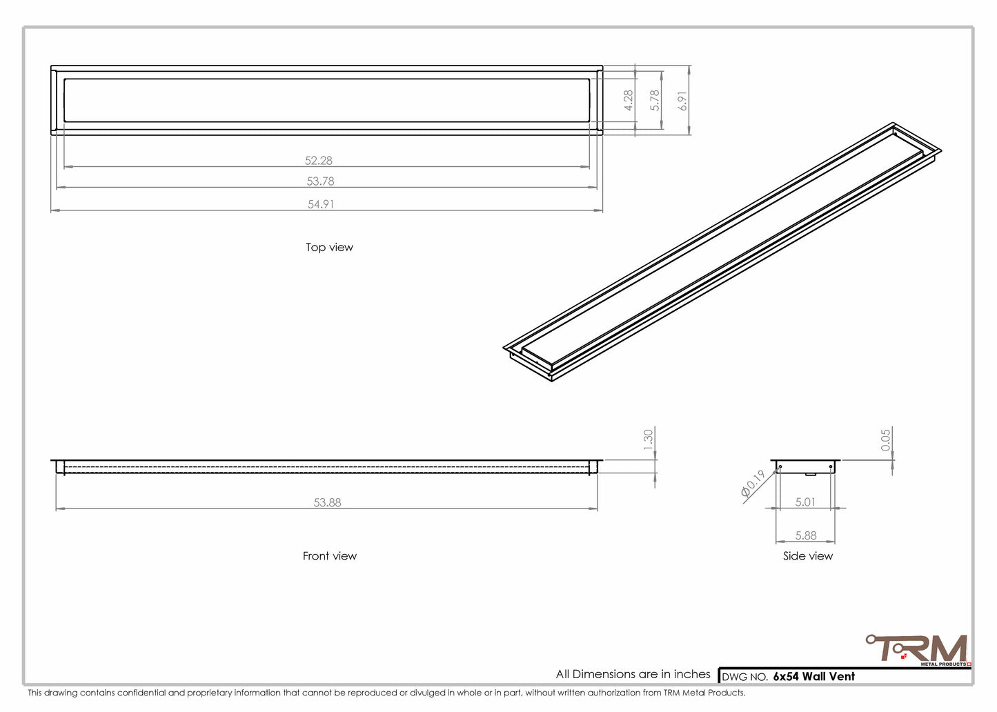 6x54 - Wall Vent - Modern Vent Cover -  Return Air Vent - TRM Metal  54x6