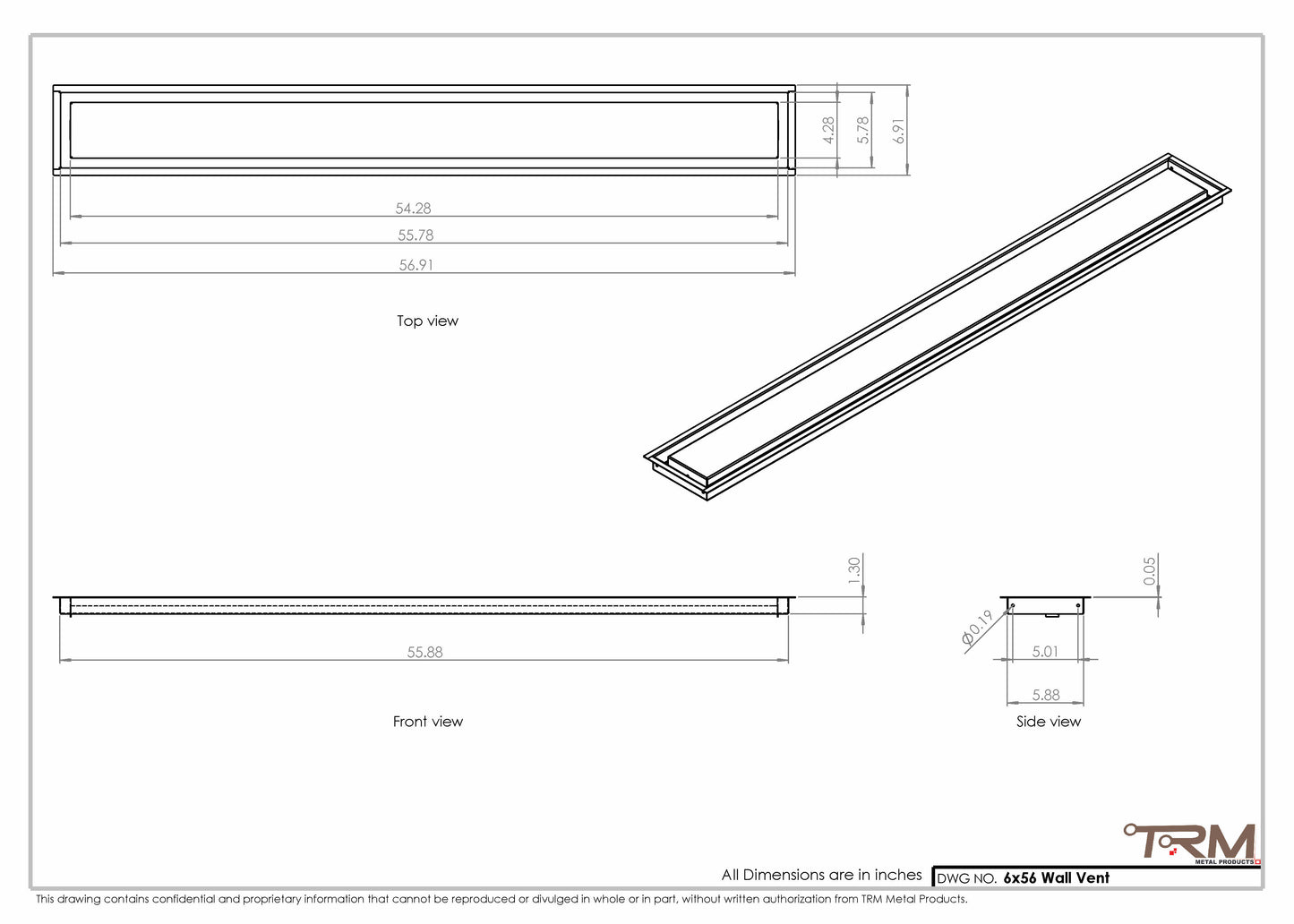 6x56 - Wall Vent - Modern Vent Cover -  Return Air Vent - TRM Metal  56x6