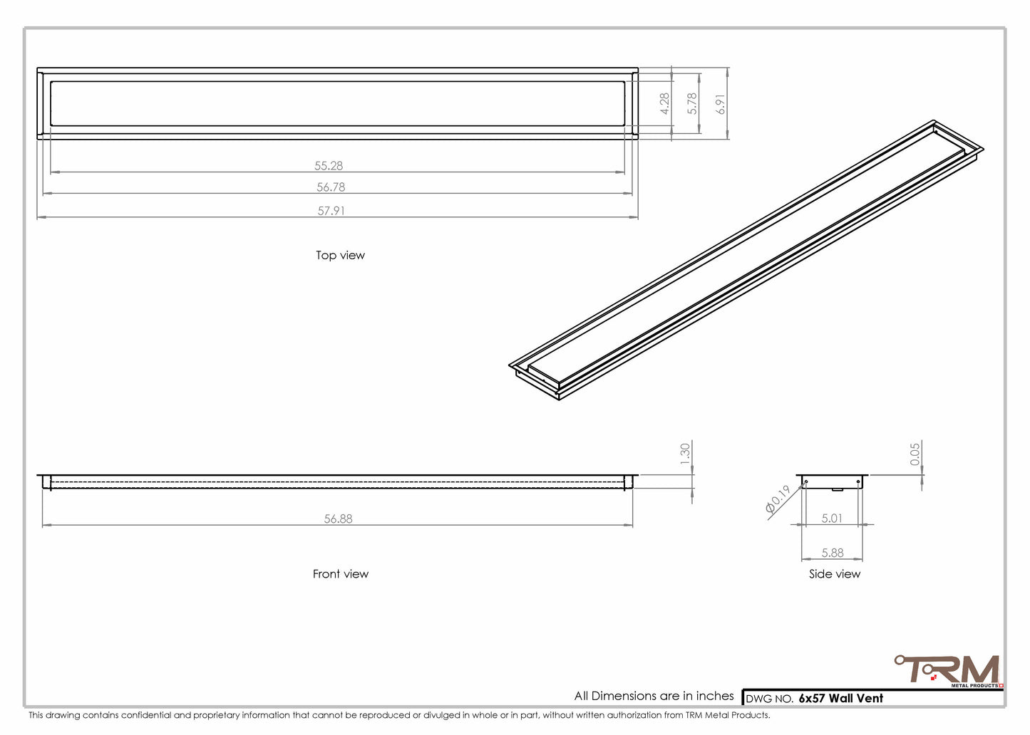 6x57 - Wall Vent - Modern Vent Cover -  Return Air Vent - TRM Metal  57x6