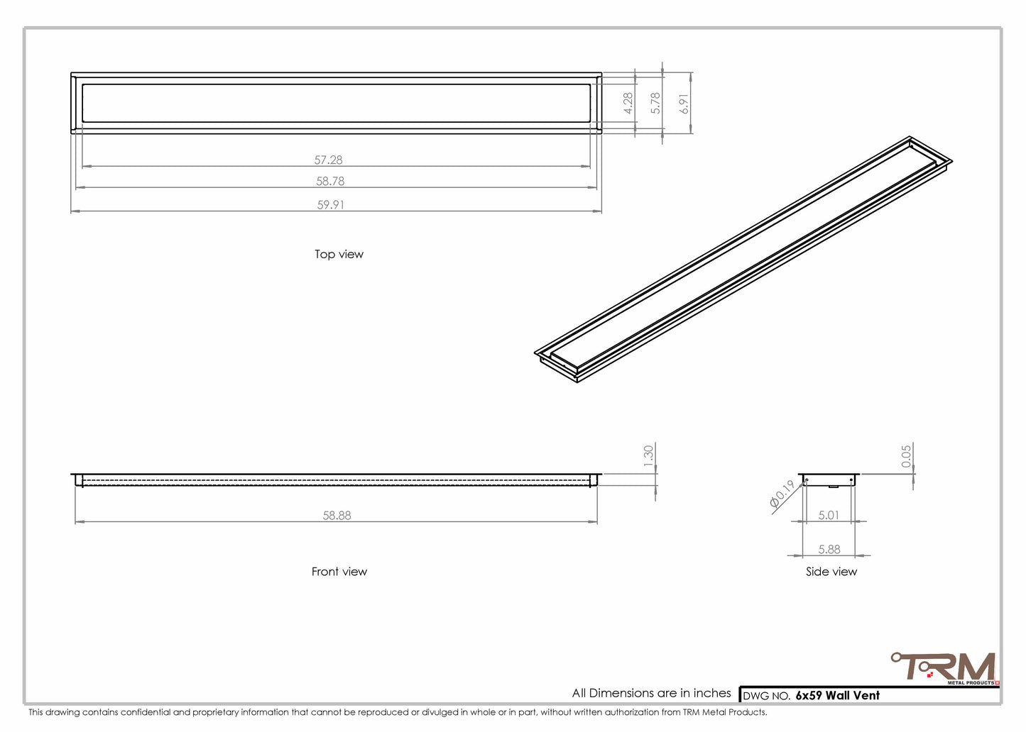6x59 - Wall Vent - Modern Vent Cover -  Return Air Vent - TRM Metal  59x6