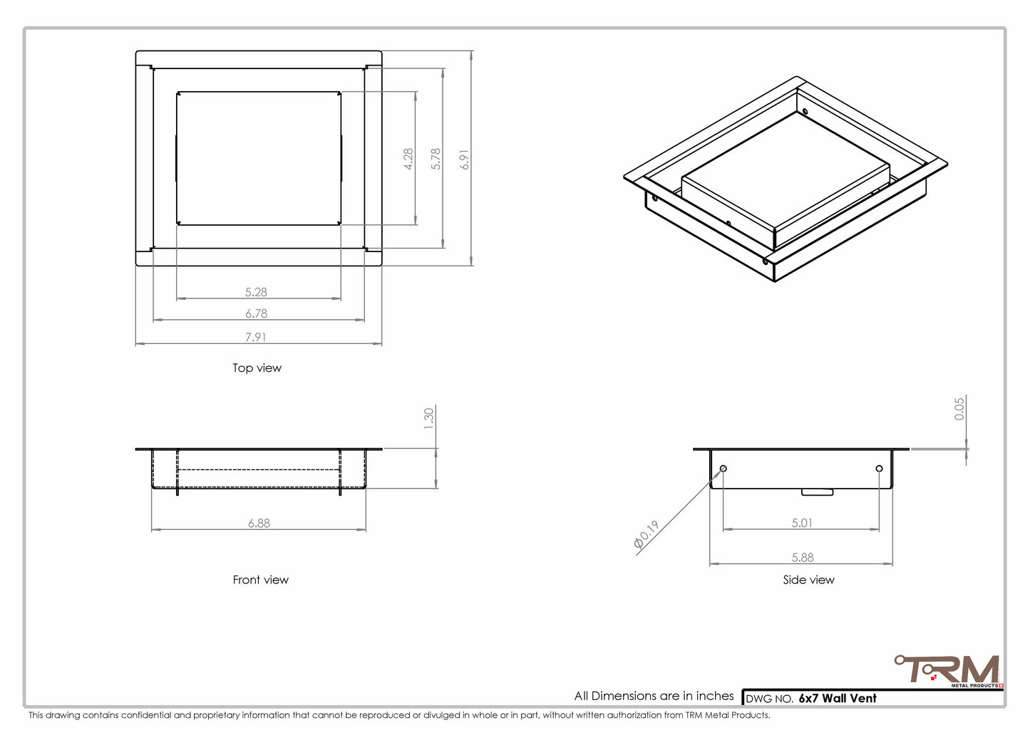 6x7 - Wall Vent - Modern Vent Cover -  Return Air Vent - TRM Metal  7x6