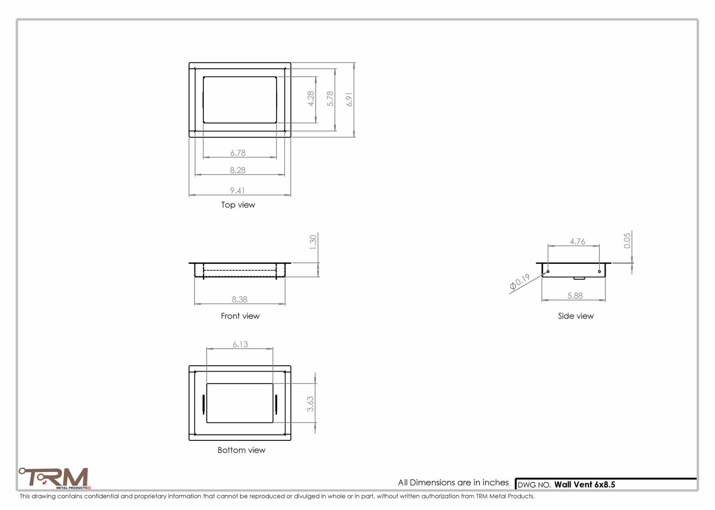 6x8.5 - Wall Vent - Modern Vent Cover -  Return Air Vent - TRM Metal  8.5x6