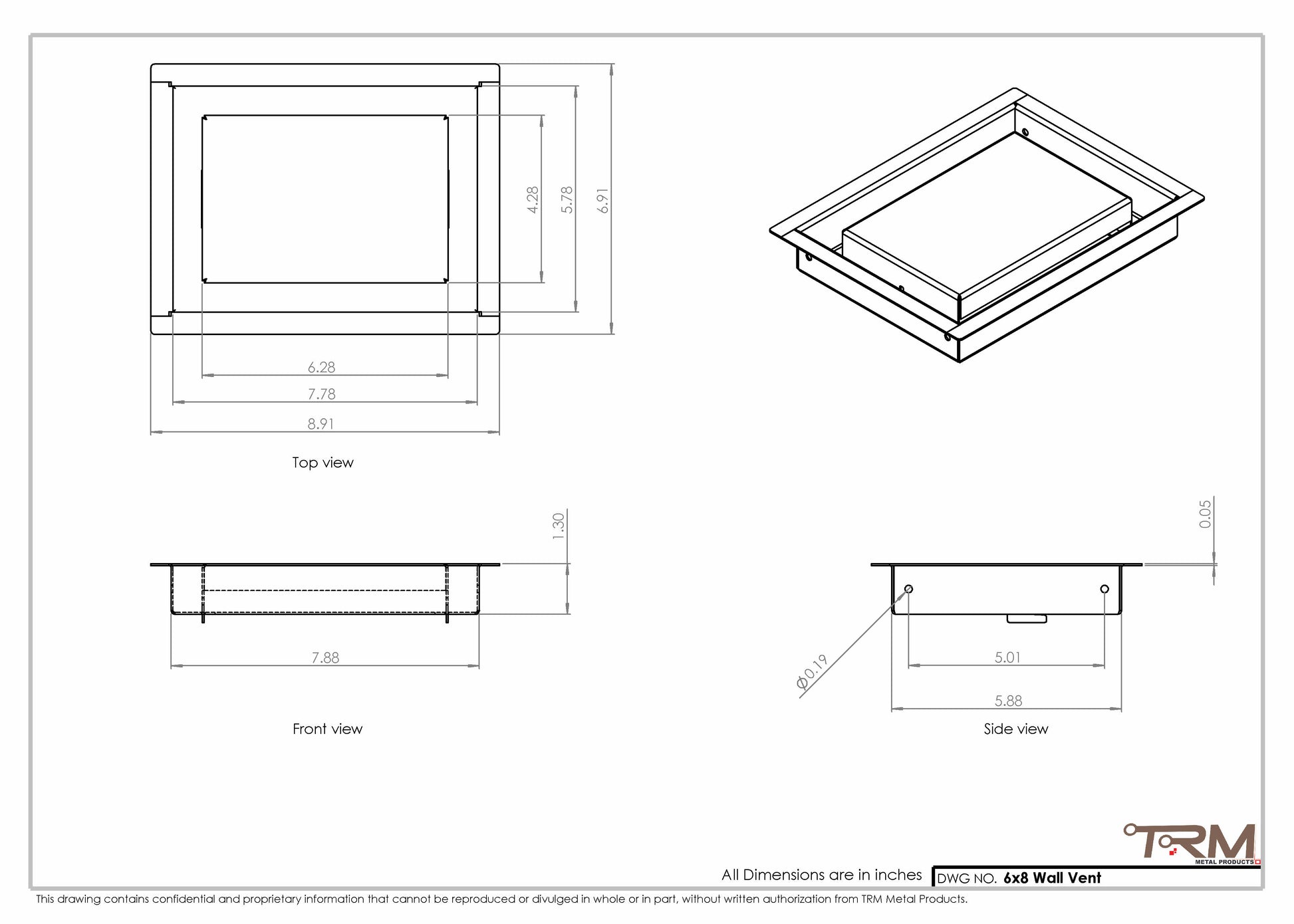 6x8 - Wall Vent - Modern Vent Cover -  Return Air Vent - TRM Metal  8x6
