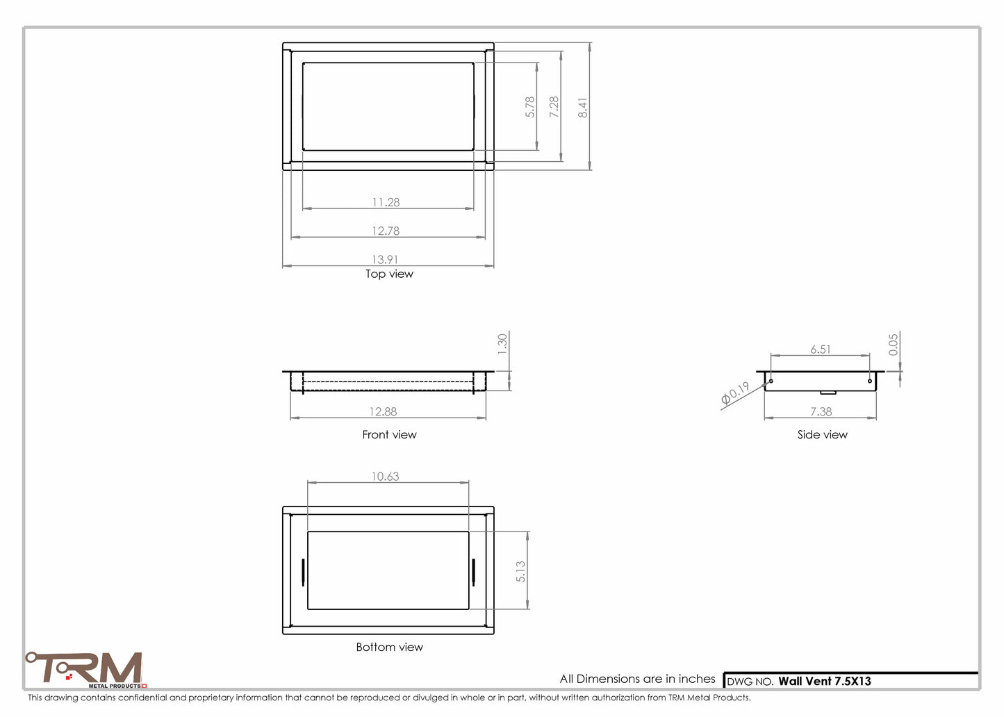 7.5x13 - Wall Vent - Modern Vent Cover -  Return Air Vent - TRM Metal  13x7.5