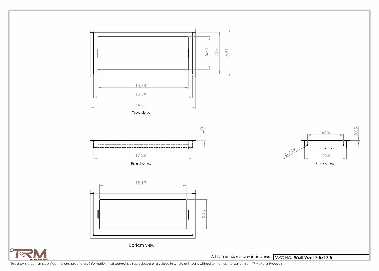 7.5x17.5 - Wall Vent - Modern Vent Cover -  Return Air Vent - TRM Metal  17.5x7.5
