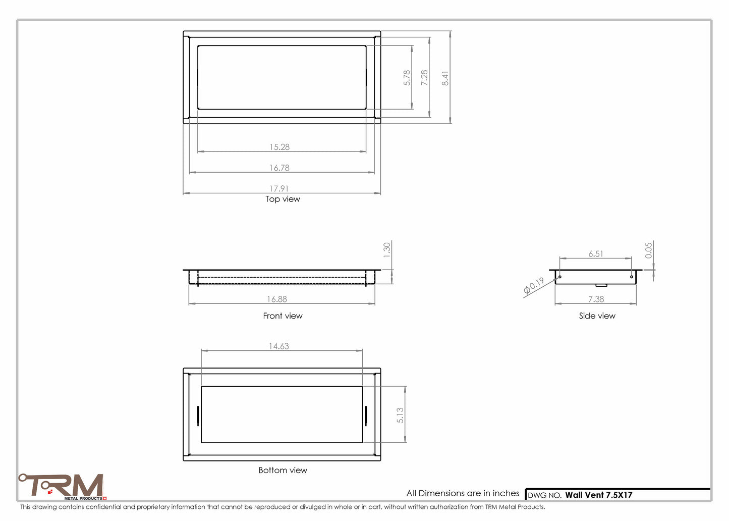 7.5x17 - Wall Vent - Modern Vent Cover -  Return Air Vent - TRM Metal  17x7.5
