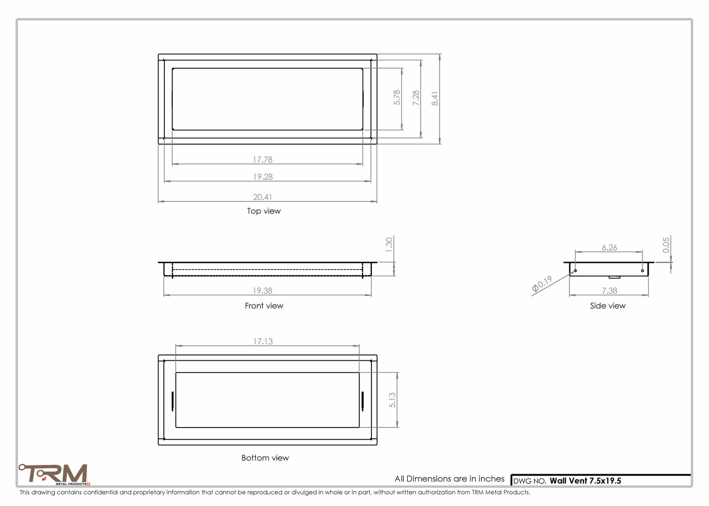 7.5x19.5 - Wall Vent - Modern Vent Cover -  Return Air Vent - TRM Metal  19.5x7.5