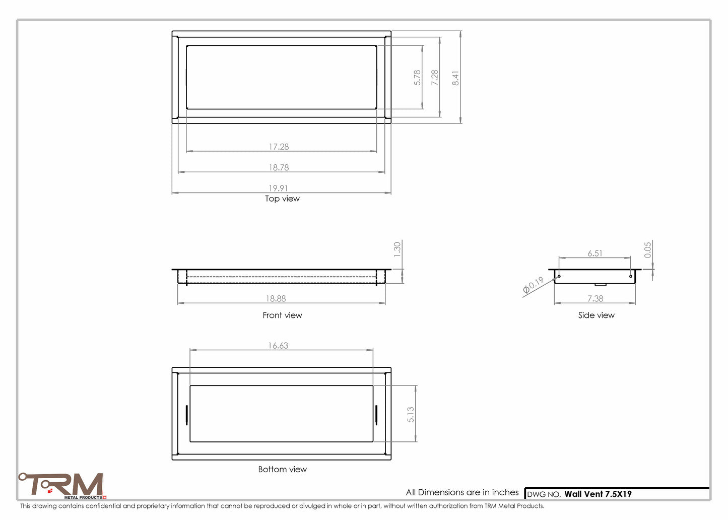 7.5x19 - Wall Vent - Modern Vent Cover -  Return Air Vent - TRM Metal  19x7.5