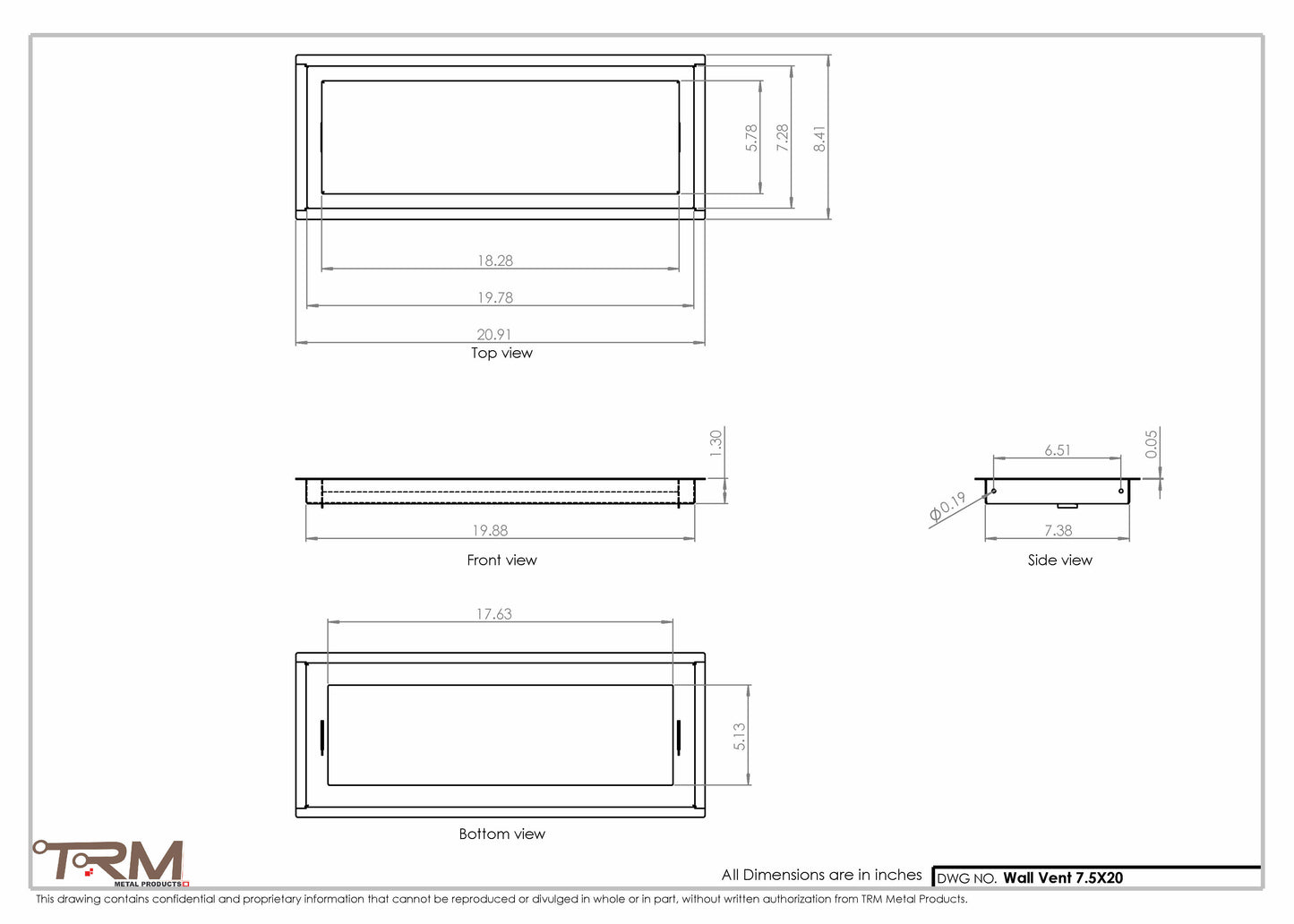 7.5x20 - Wall Vent - Modern Vent Cover -  Return Air Vent - TRM Metal  20x7.5