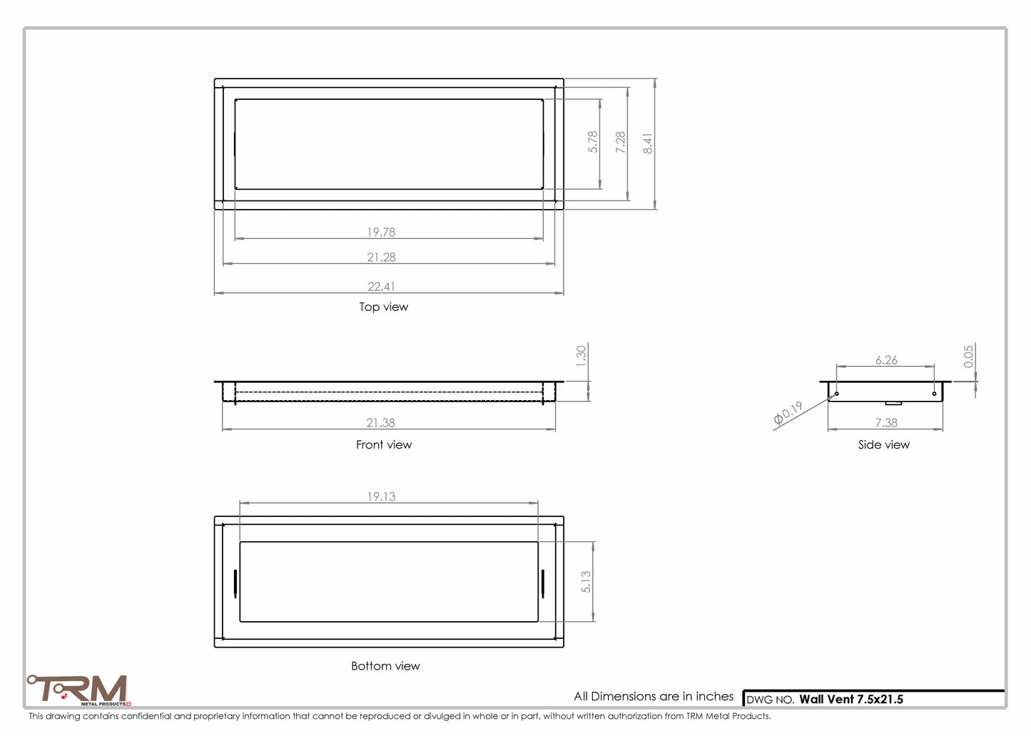 7.5x21.5 - Wall Vent - Modern Vent Cover -  Return Air Vent - TRM Metal  21.5x7.5