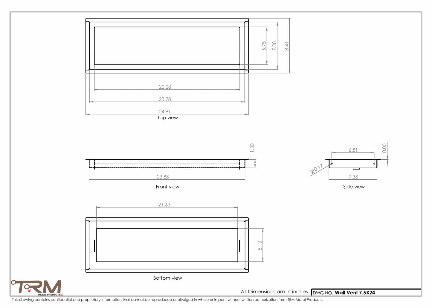 7.5x24 - Wall Vent - Modern Vent Cover -  Return Air Vent - TRM Metal  24x7.5