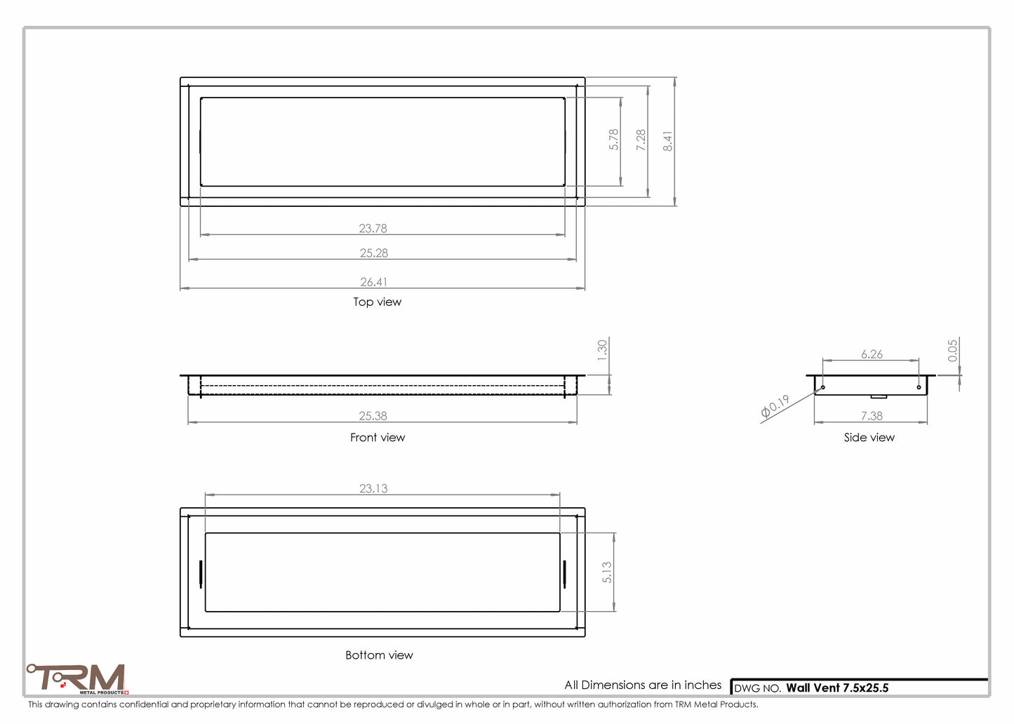 7.5x25.5 - Wall Vent - Modern Vent Cover -  Return Air Vent - TRM Metal  25.5x7.5