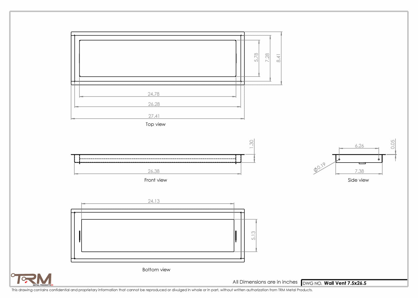 7.5x26.5 - Wall Vent - Modern Vent Cover -  Return Air Vent - TRM Metal  26.5x7.5