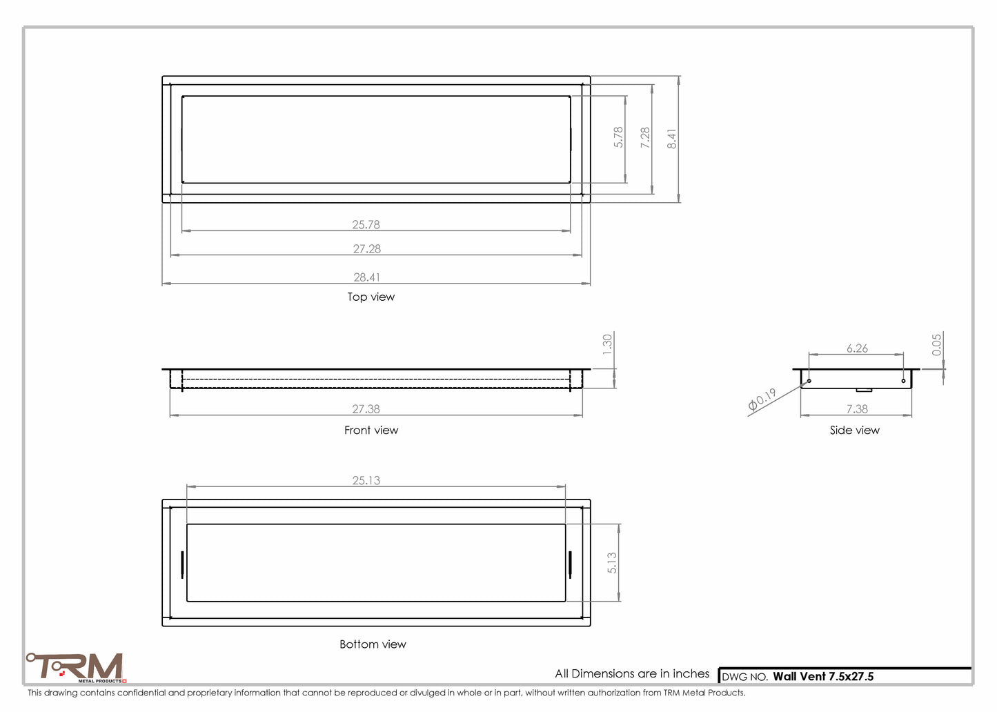 7.5x27.5 - Wall Vent - Modern Vent Cover -  Return Air Vent - TRM Metal  27.5x7.5